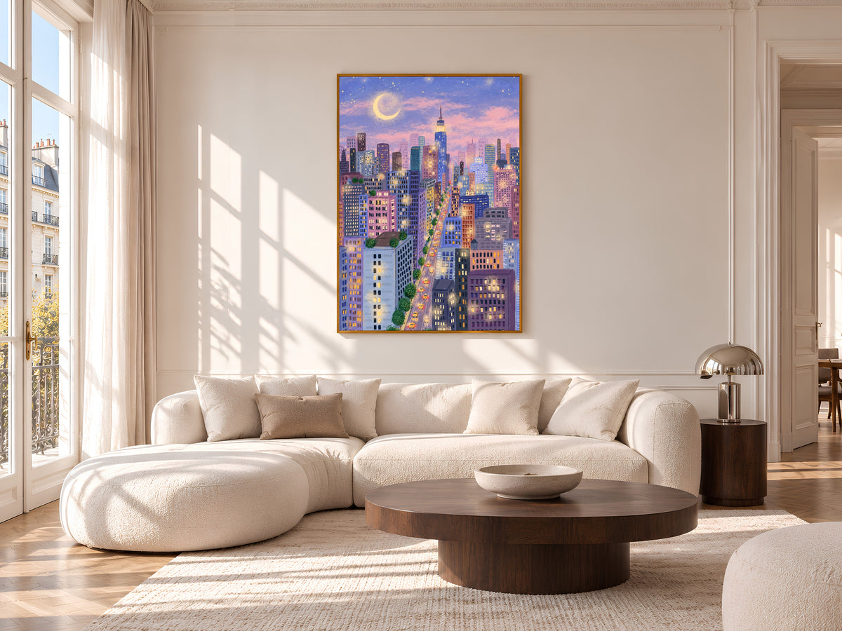 New York City at Night Print, Purple and Pink NYC Skyline Illustration with Moon and Yellow Taxis, Whimsical City Decor, Digital Download
