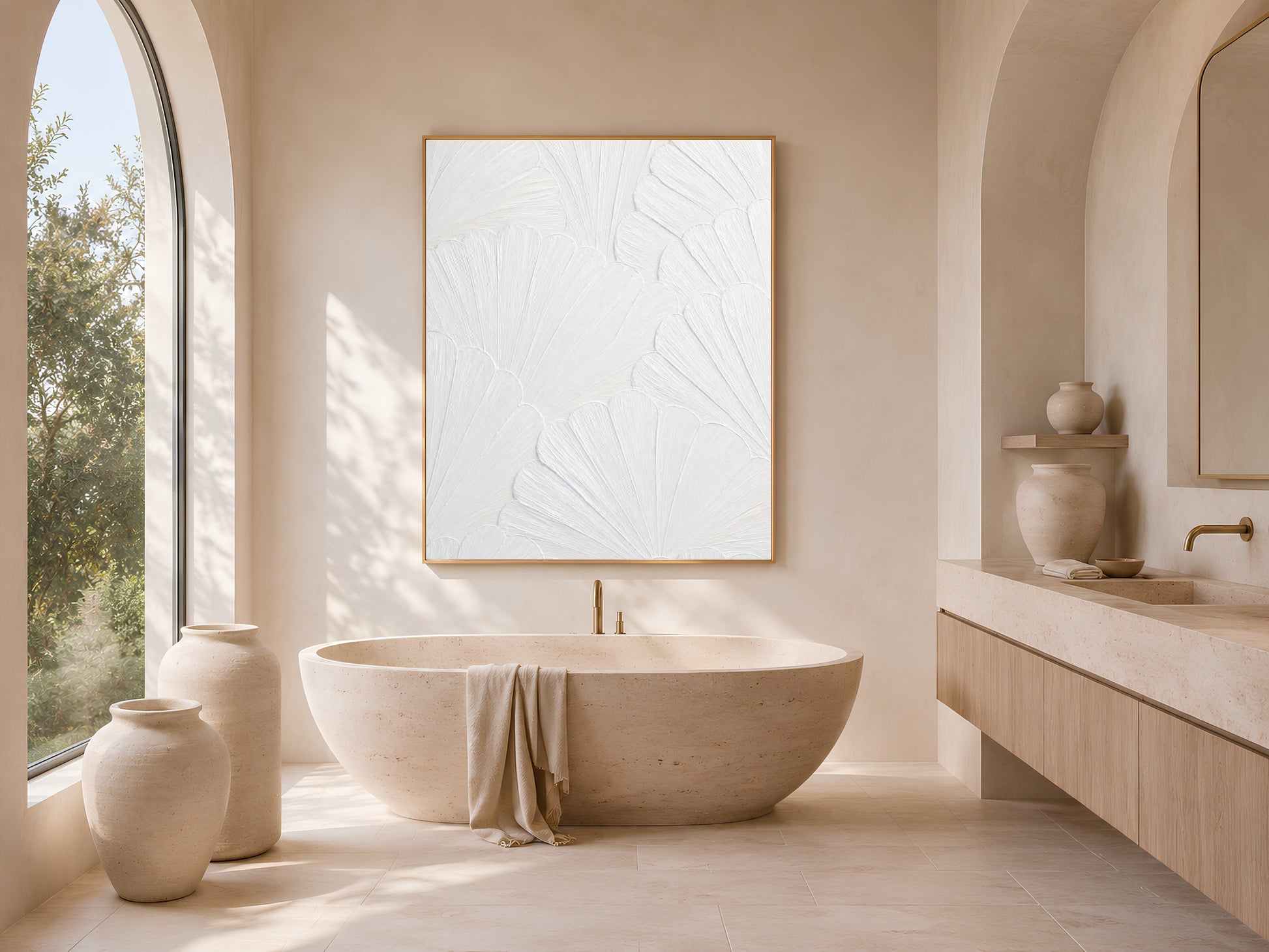 White plaster wall art displayed in a sunlit spa-style bathroom with a freestanding tub

