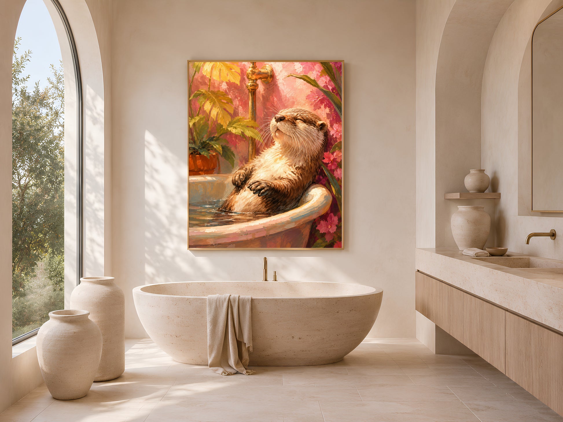 Large framed otter in bathtub print hanging above a freestanding tub in a sunlit arched bathroom, tropical pink spa wall art