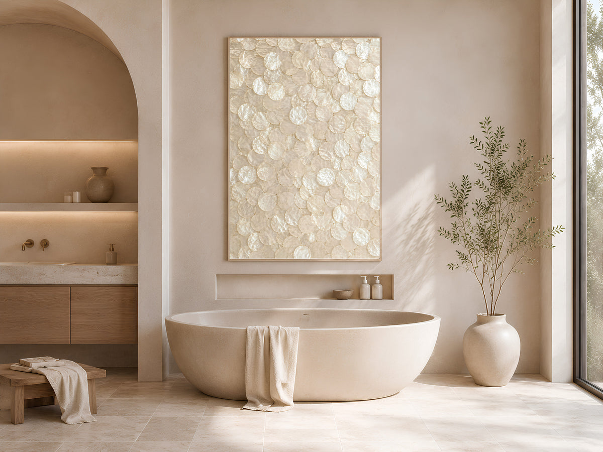 Capiz shell wall art print in a modern soaking tub bathroom