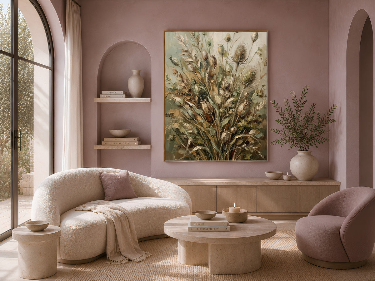 Dried Botanical Wall Art, Sage Green Impasto Oil Painting - Digital Download