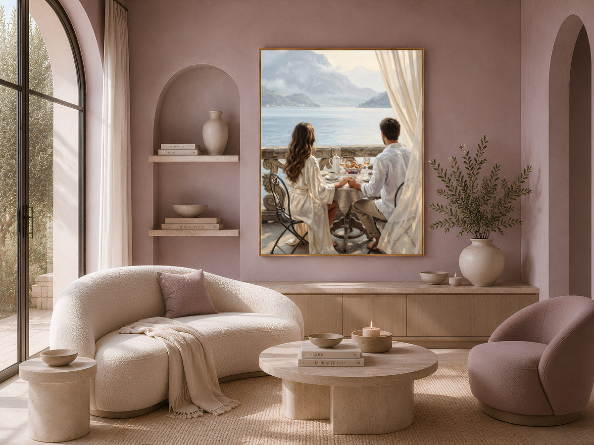 Lake Como Wall Art, Romantic Couple Breakfast Oil Painting Print - Digital Download