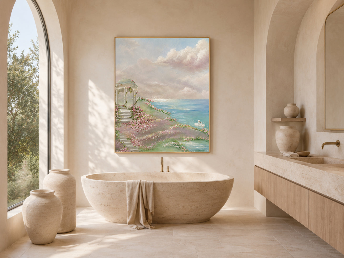 Romantic coastal garden print framed above a freestanding tub in a spa-style bathroom