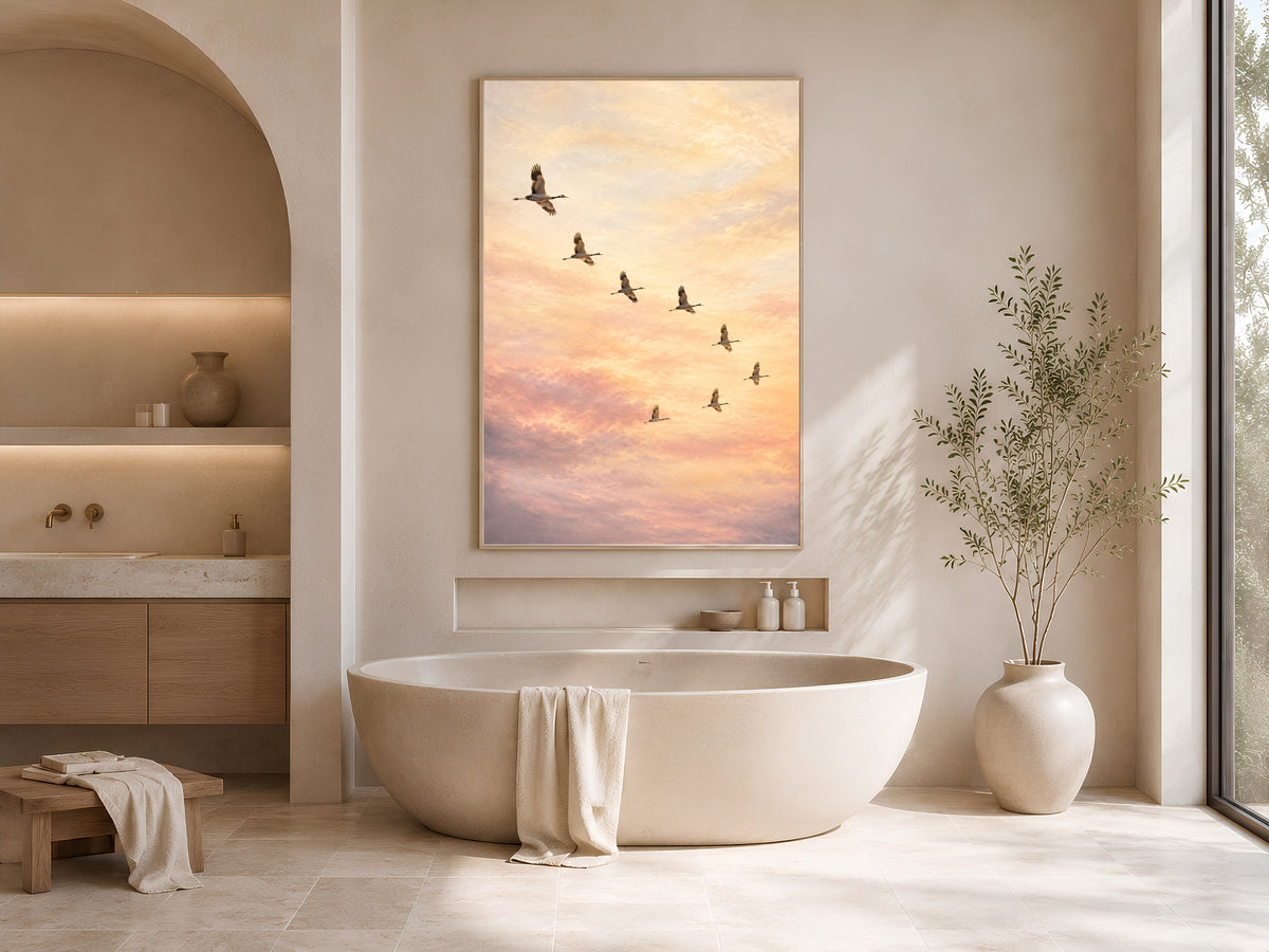 Flying Cranes Wall Art, Sunset Sky Print, Ethereal Pastel Bedroom Decor - Digital Download