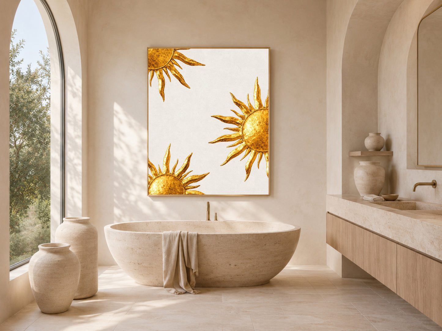Gold sunburst print framed above a freestanding tub in a sunlit boho bathroom
