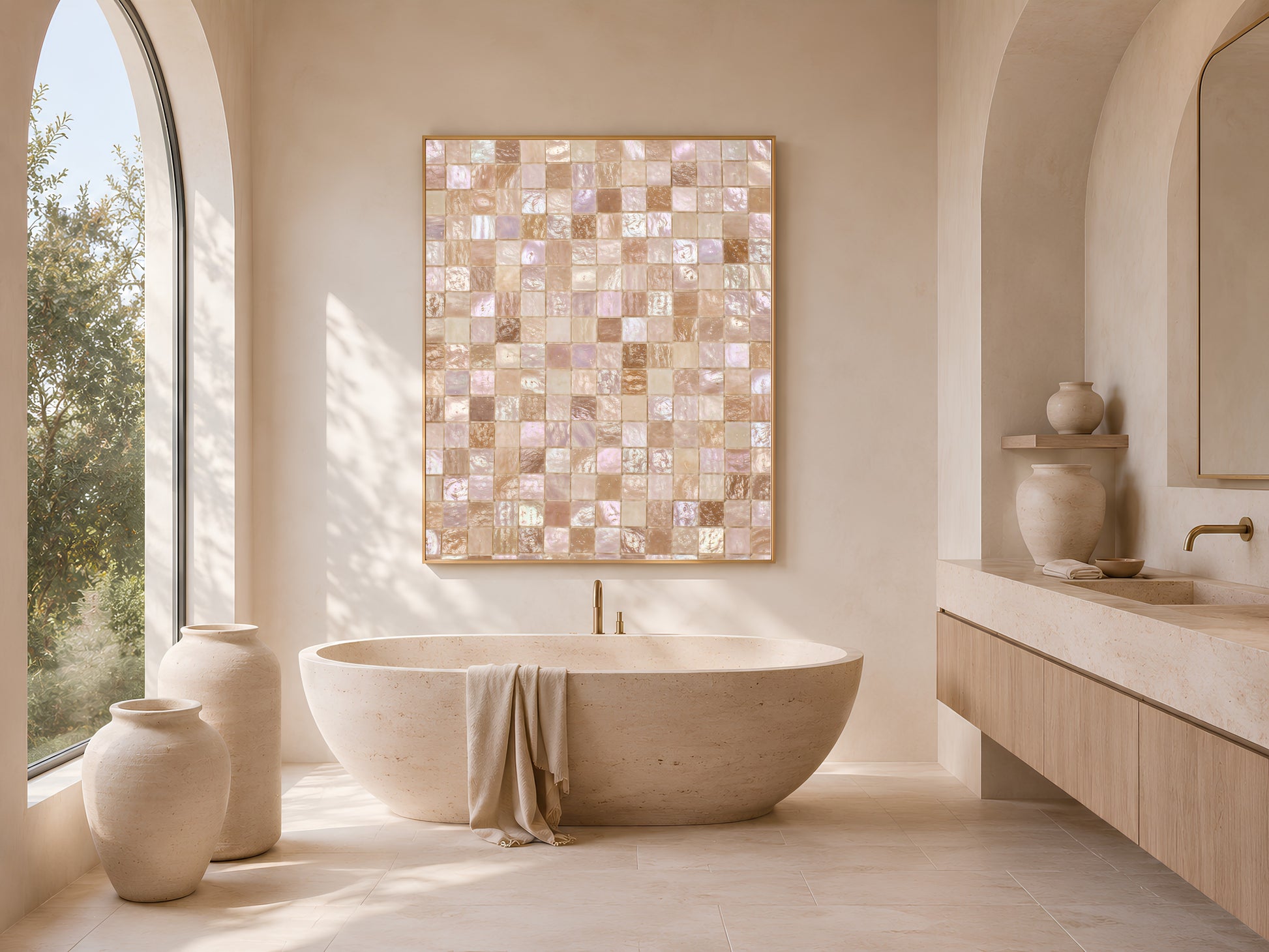 Framed iridescent mosaic tile print above a freestanding tub in an arched, sunlit bathroom.
