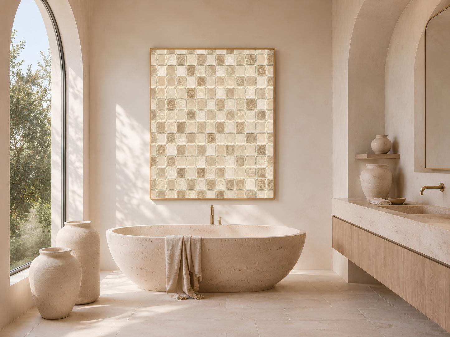 Cream mosaic wall art framed above a freestanding bathtub in a warm neutral bathroom with arched window
