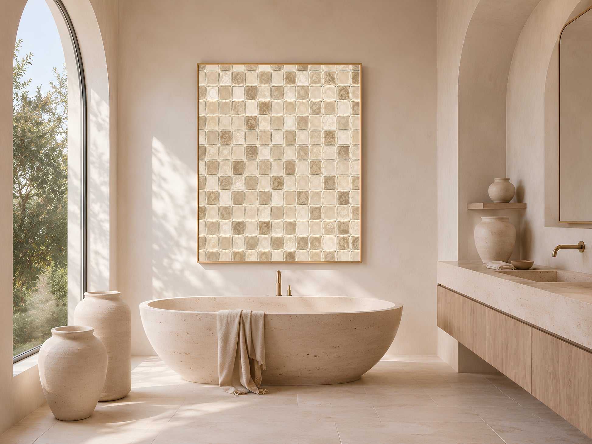 Cream mosaic wall art framed above a freestanding bathtub in a warm neutral bathroom with arched window
