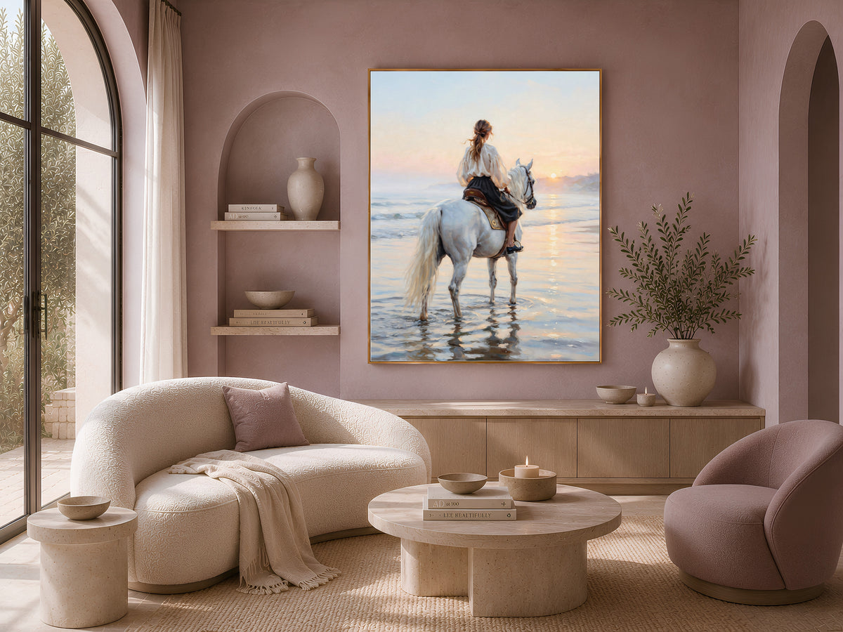 Woman on White Horse Wall Art, Beach Sunset Oil Painting Print - Digital Download
