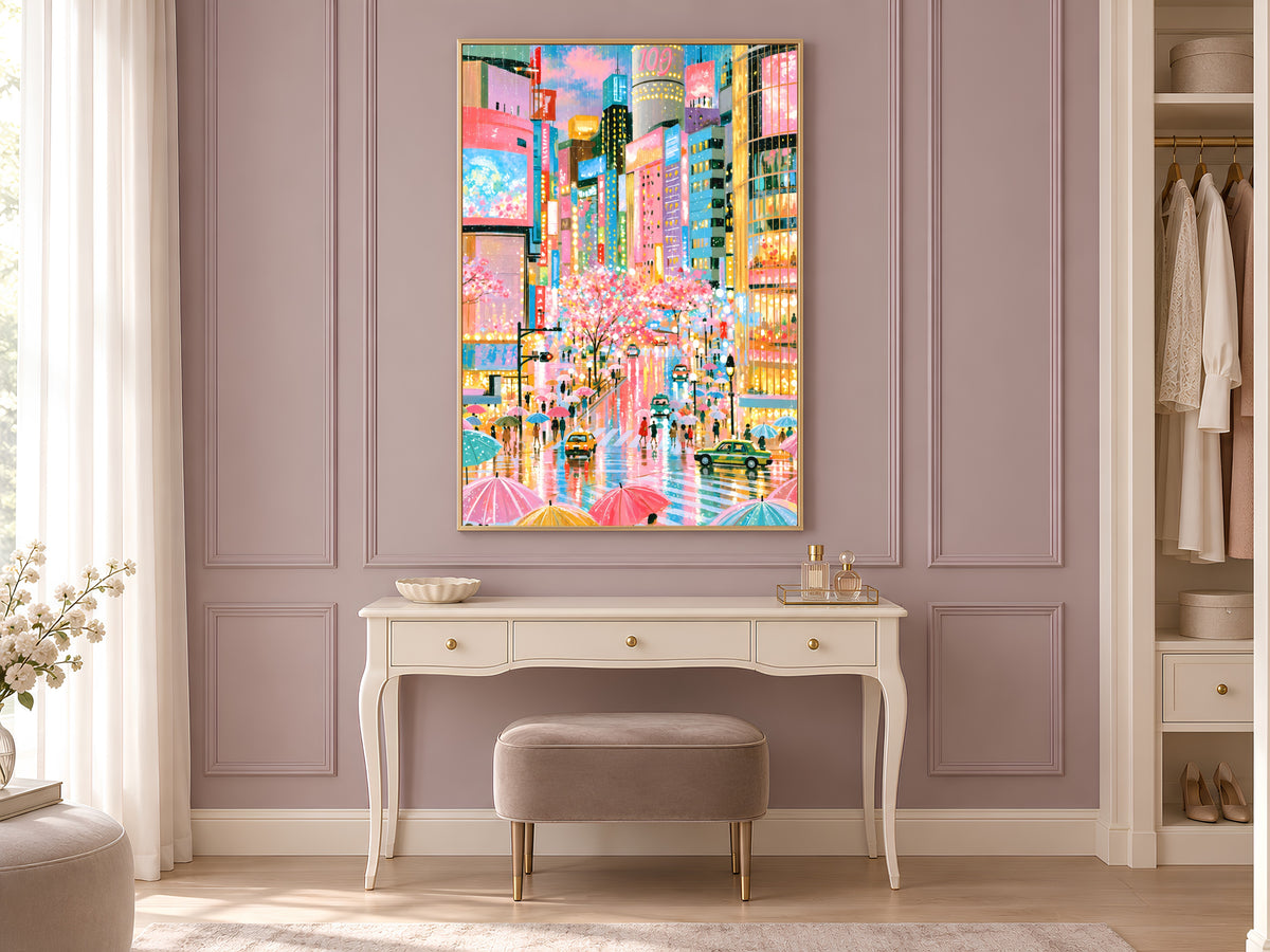 Tokyo Rain Cherry Blossom Wall Art, Pastel Shibuya Street Painting, Pink Japan City Print, Printable Digital Download