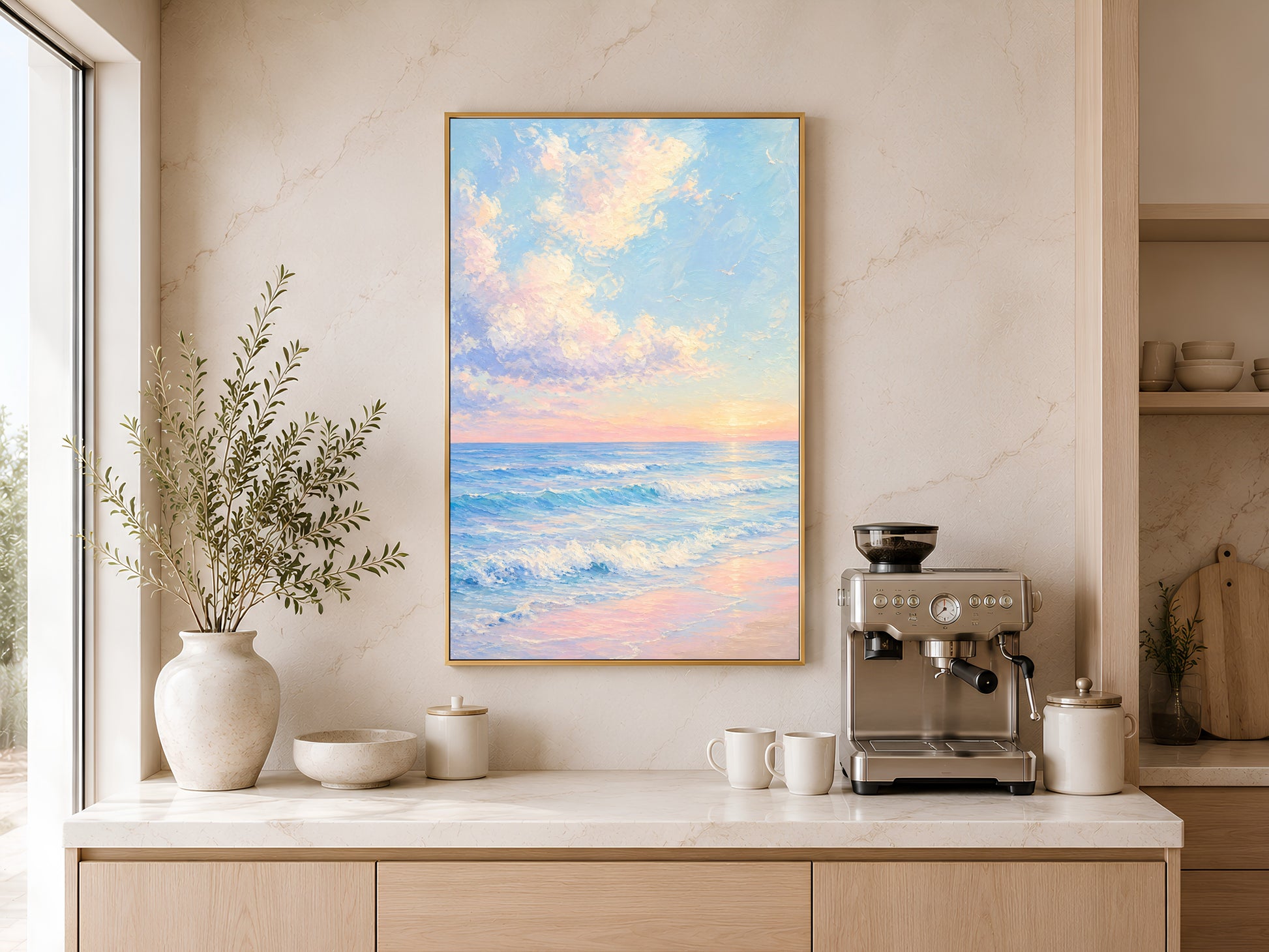 Framed impasto pastel ocean sunrise print on warm beige wall above console table with coffee maker in minimal kitchen
