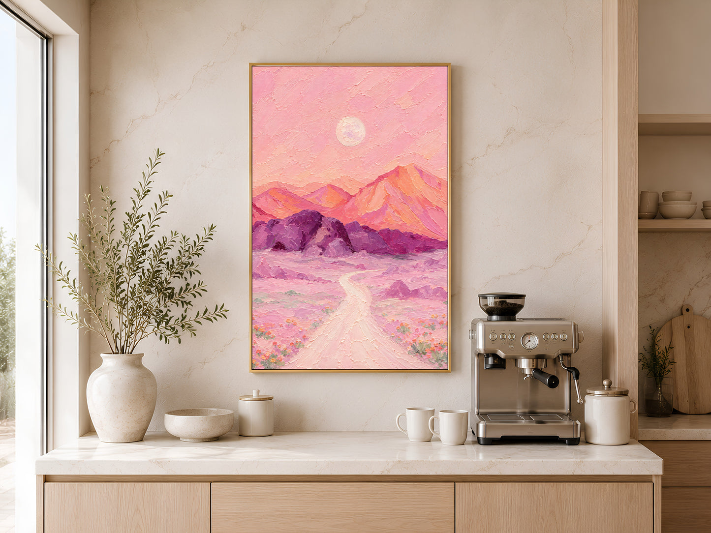 Surreal desert moon print framed above a kitchen counter with espresso machine and ceramic vases.
