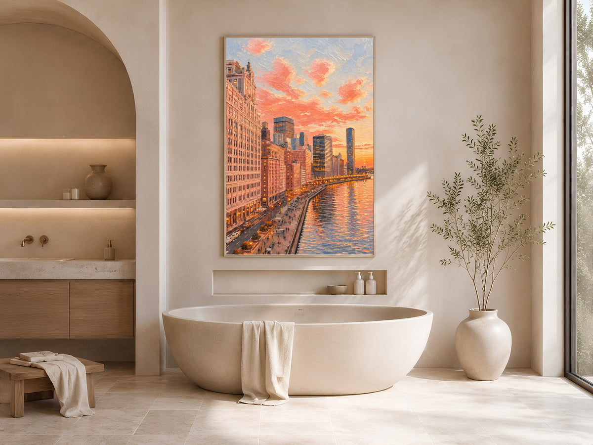 City skyline sunset wall art in a modern soaking tub bathroom