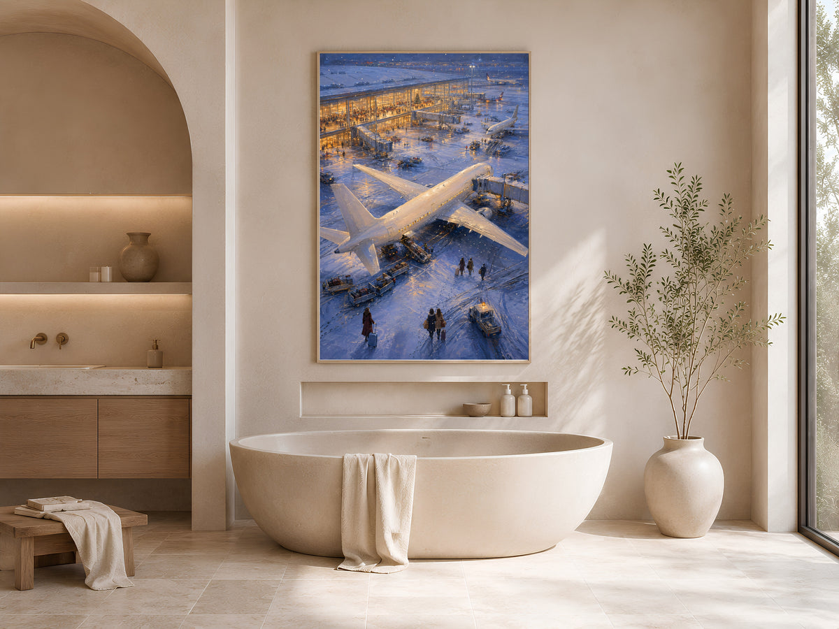 Airplane wall art framed above soaking tub in neutral arched bathroom alcove