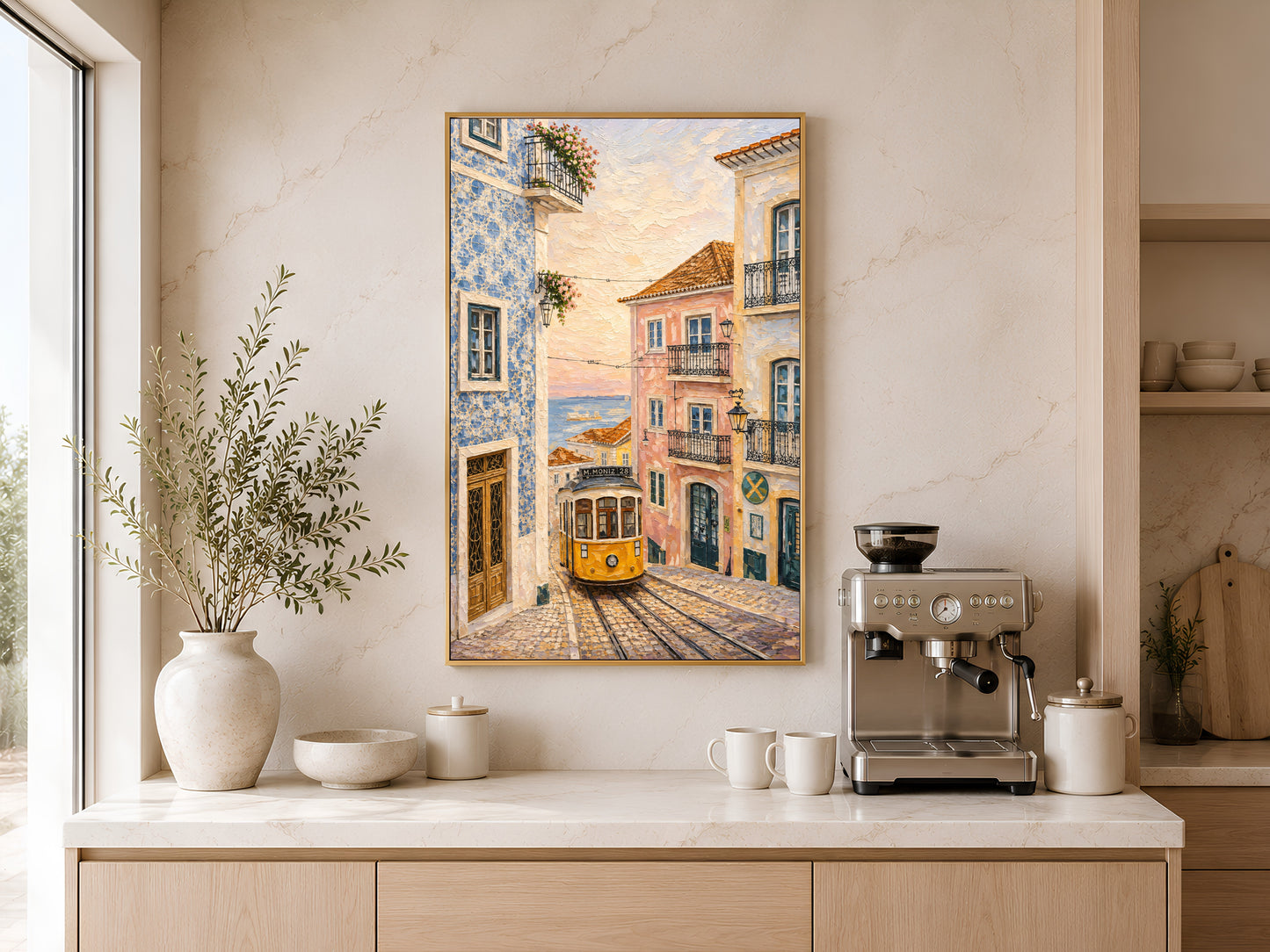 Lisbon tram wall art printable displayed above a coffee station in a warm Mediterranean-inspired kitchen with natural light and neutral decor.