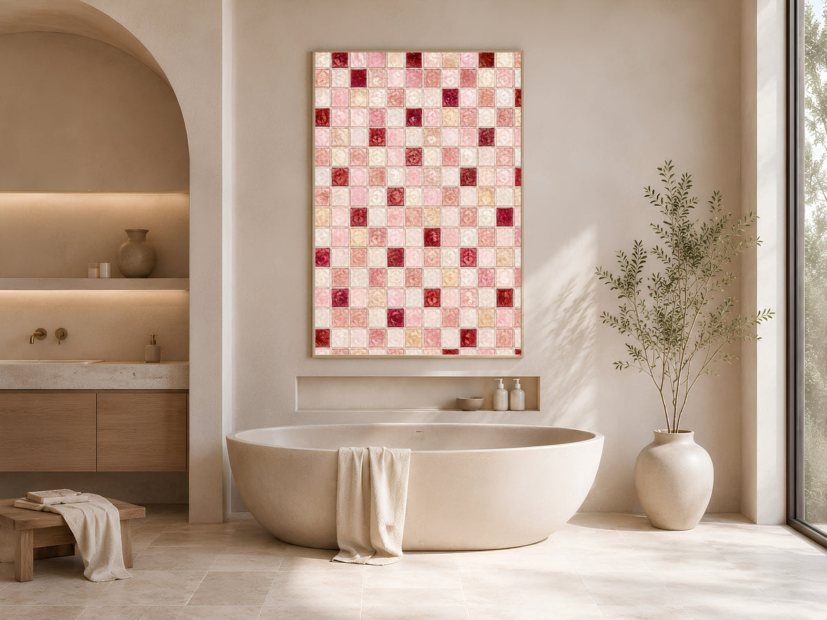 Dusty rose mosaic wall art framed above a freestanding bathtub in a neutral spa-style bathroom