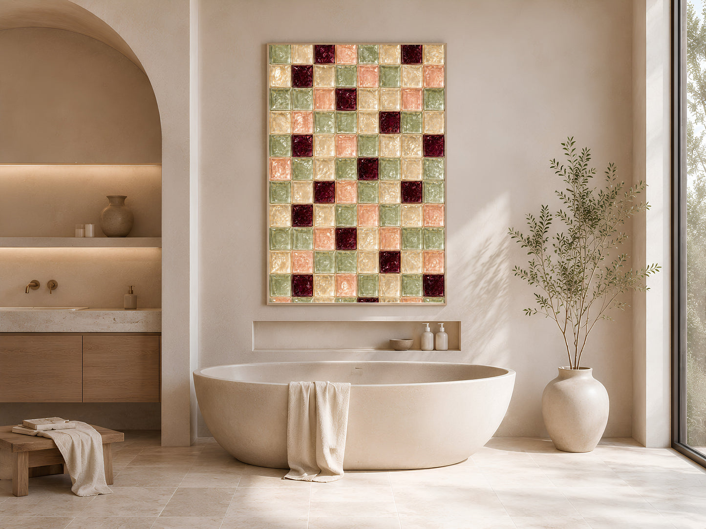 Sage green tile print framed above a bathtub in a neutral bathroom