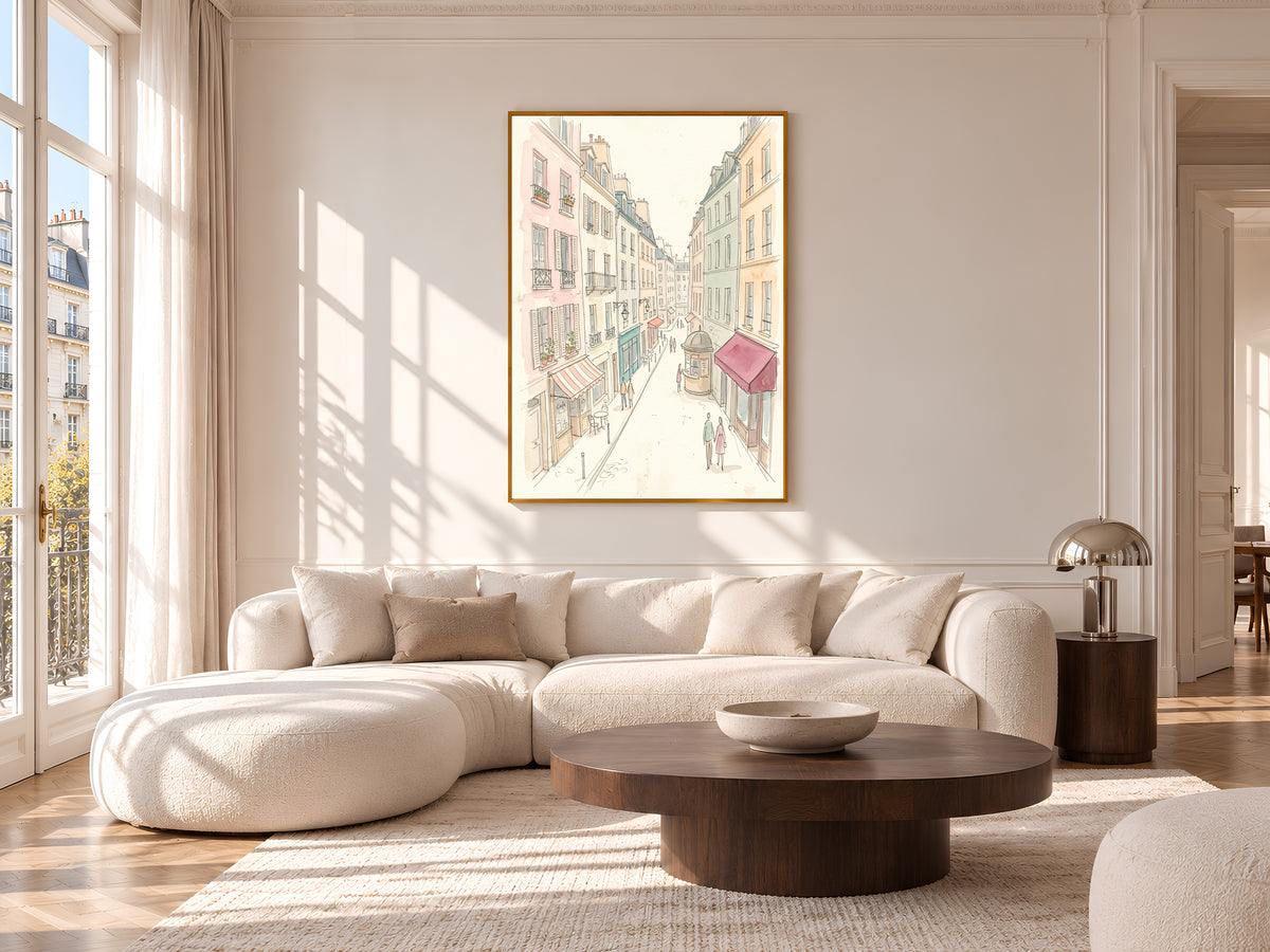 Paris Street Watercolor Print, Pastel Parisian Cafe Scene, French Wall Art, Printable Digital Download
