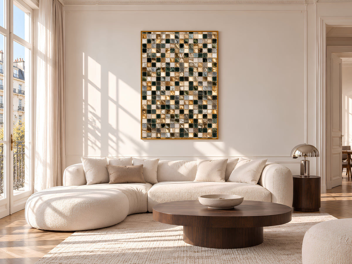 Dark Green and Gold Mosaic Tile Wall Art Print, Abstract Glass Tile Grid Painting, Printable Earthy Neutral Decor, Digital Download
