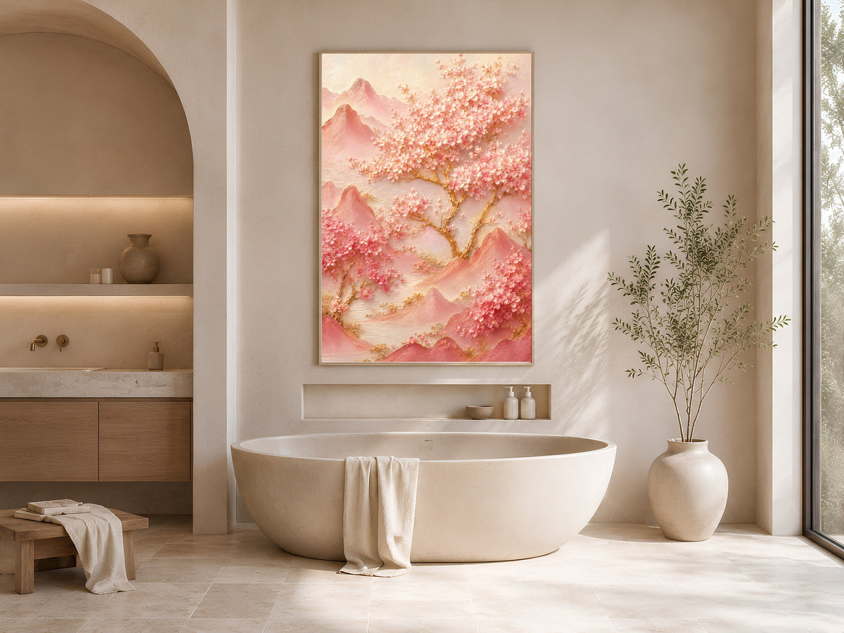 Cherry blossom mountain print in a gold frame above a freestanding oval bathtub in a warm-toned bathroom