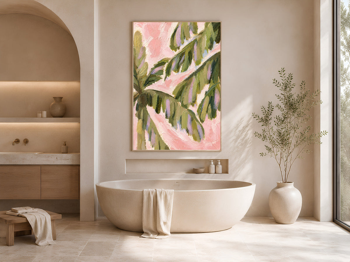 Preppy palm leaf wall art above a modern soaking tub bathroom