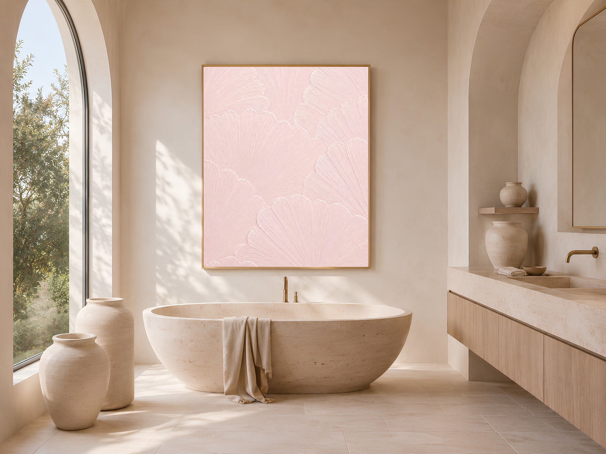 Ballet pink mosaic print in a sunlit arched bathroom with a freestanding tub