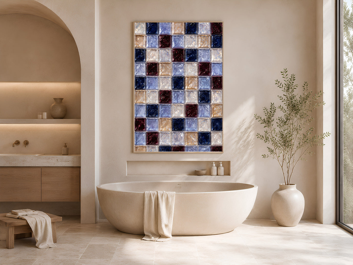 Navy and burgundy tile print framed above a bathtub in a neutral bathroom