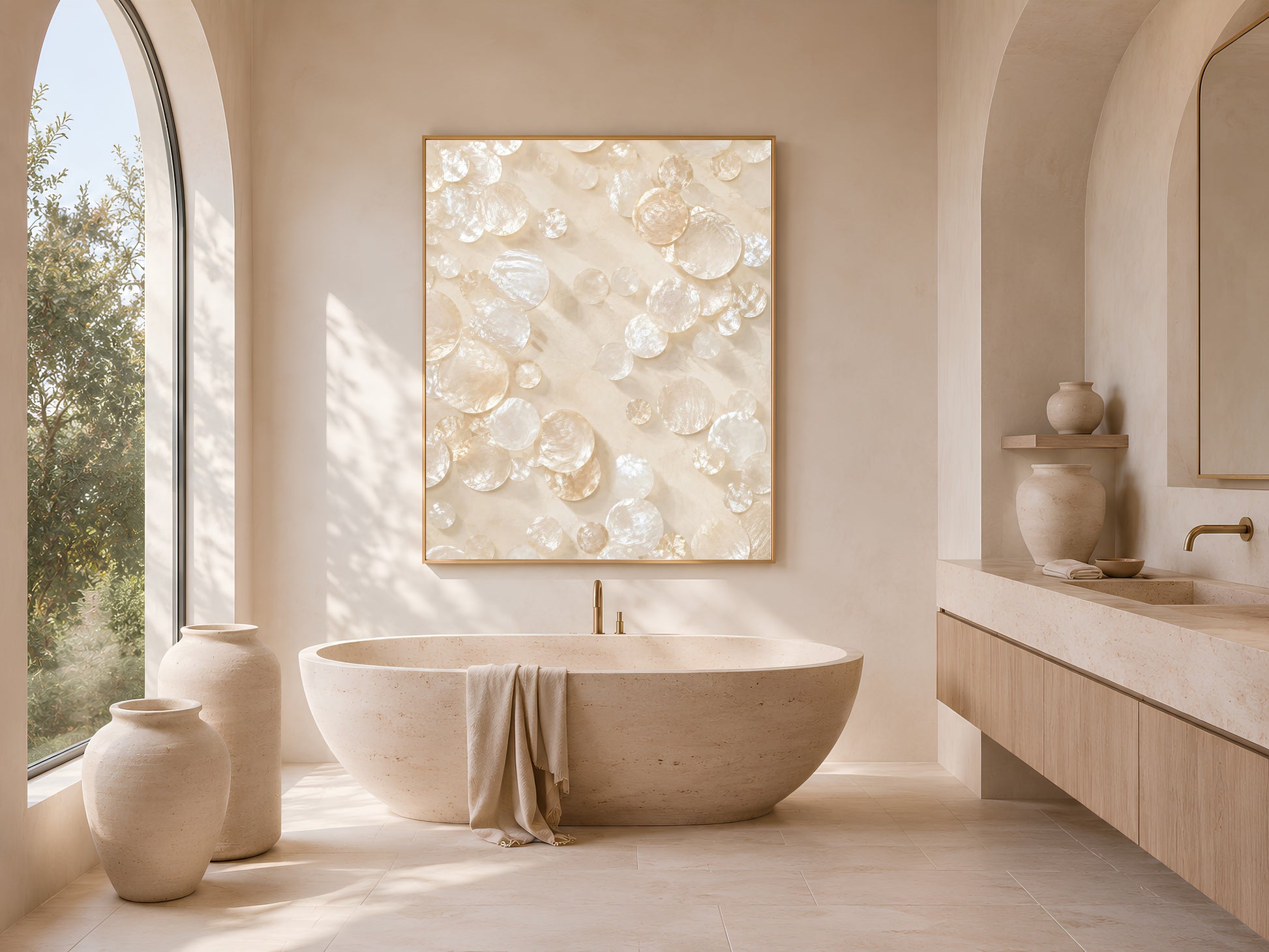 Framed mosaic wall art print in a coastal bathroom with soaking tub and arched window
