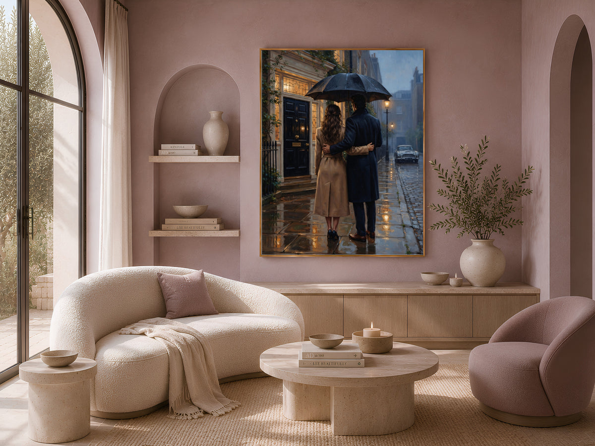 Romantic Couple Wall Art, Rainy London Street Oil Painting Print - Digital Download