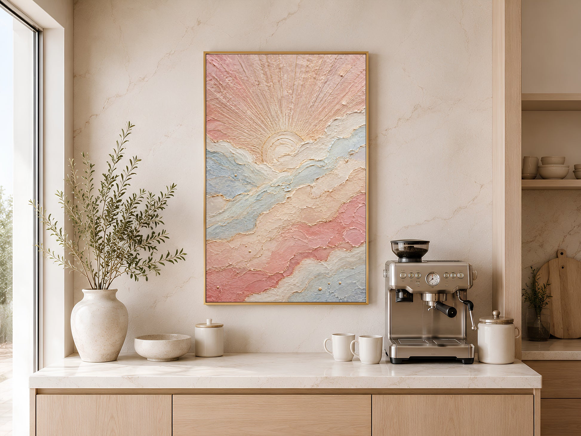 Pastel sun wall art print above wooden sideboard with coffee station, boho impasto sunrise painting digital download
