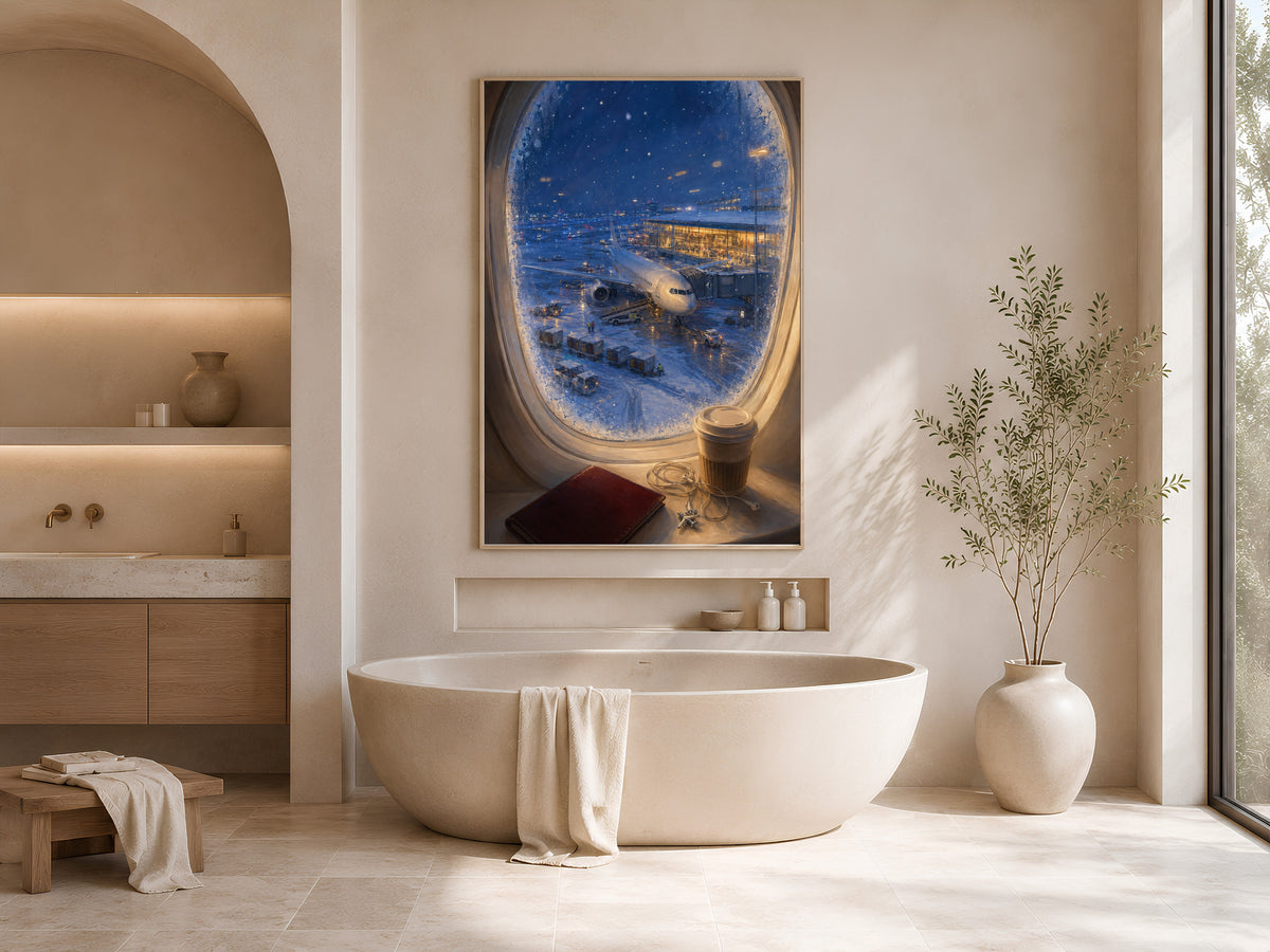 Cozy travel wall art framed above soaking tub in neutral arched bathroom