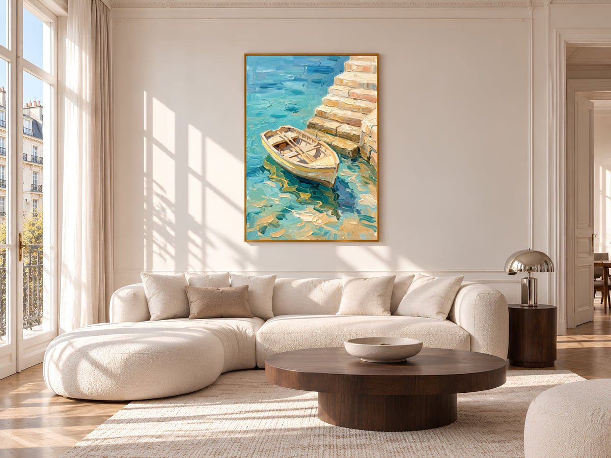Rowboat Painting Print, Turquoise Sea Boat Art, Textured Coastal Wall Art, Mediterranean Decor, Printable Digital Download