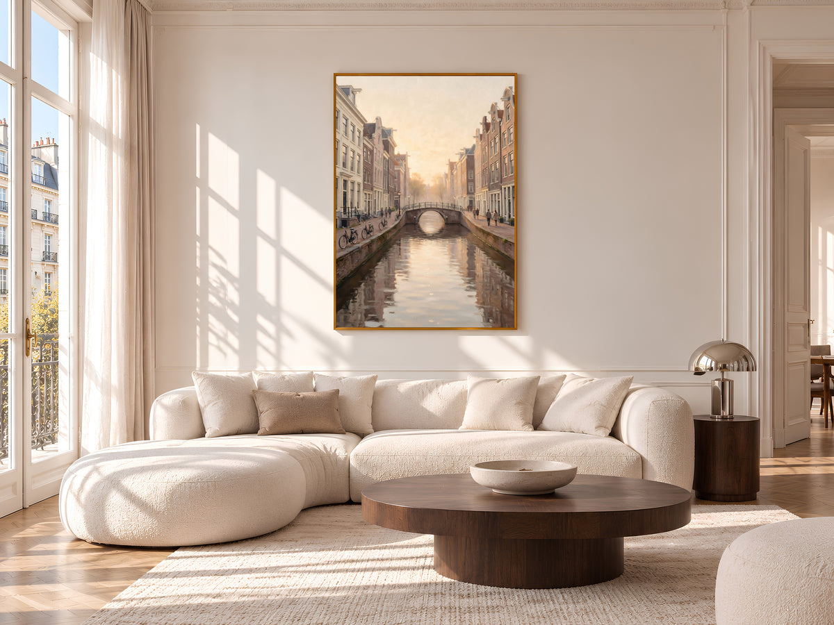 Dutch Canal Painting Print, Soft Golden Hour City Art, Neutral European Canal Wall Art, Printable Digital Download