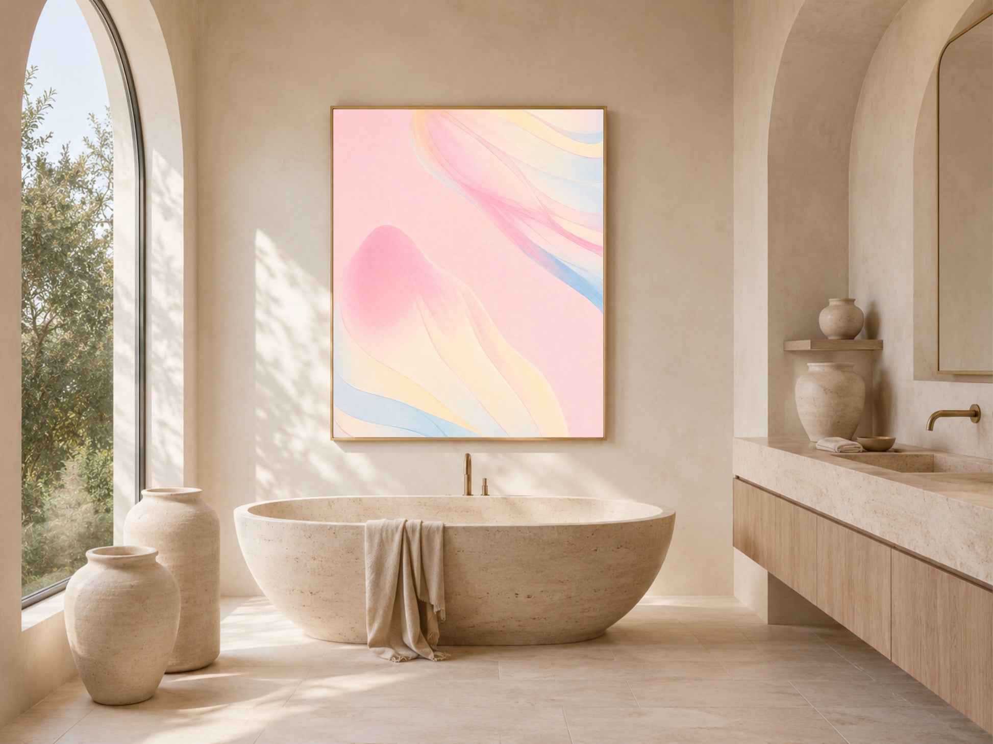 Pink and blue abstract wall art print framed above a bathtub in a neutral arched bathroom