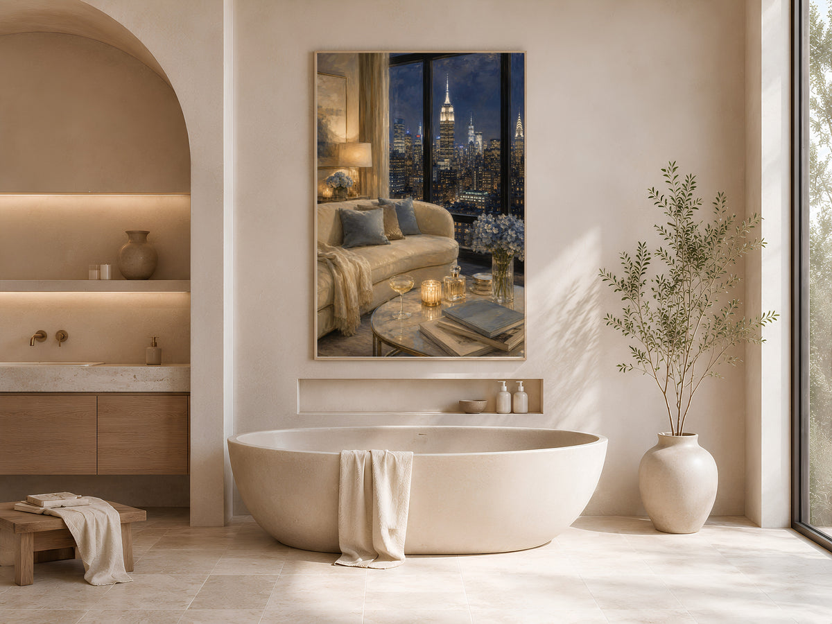 NYC Penthouse View Wall Art, Navy Blue City Skyline Print - Digital Download
