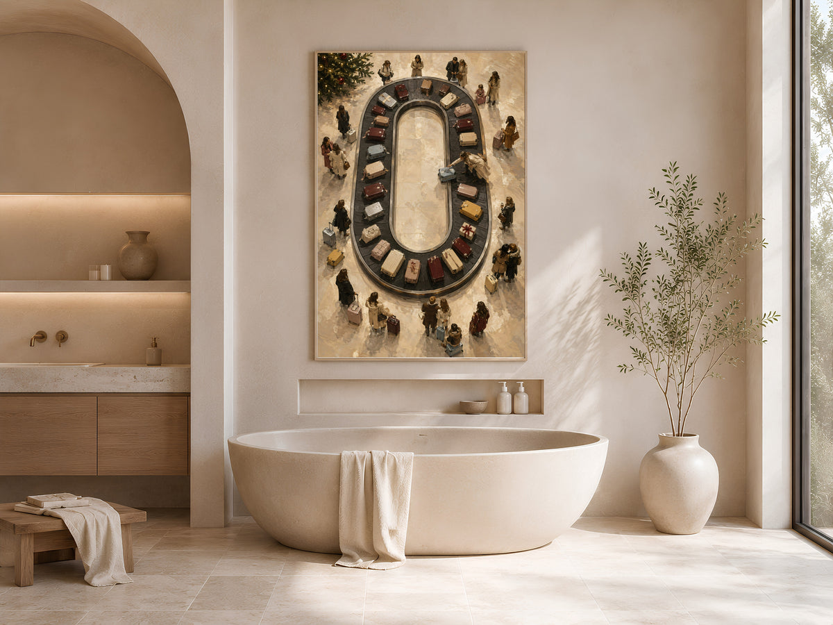 Colorful suitcase print framed above soaking tub in neutral arched bathroom