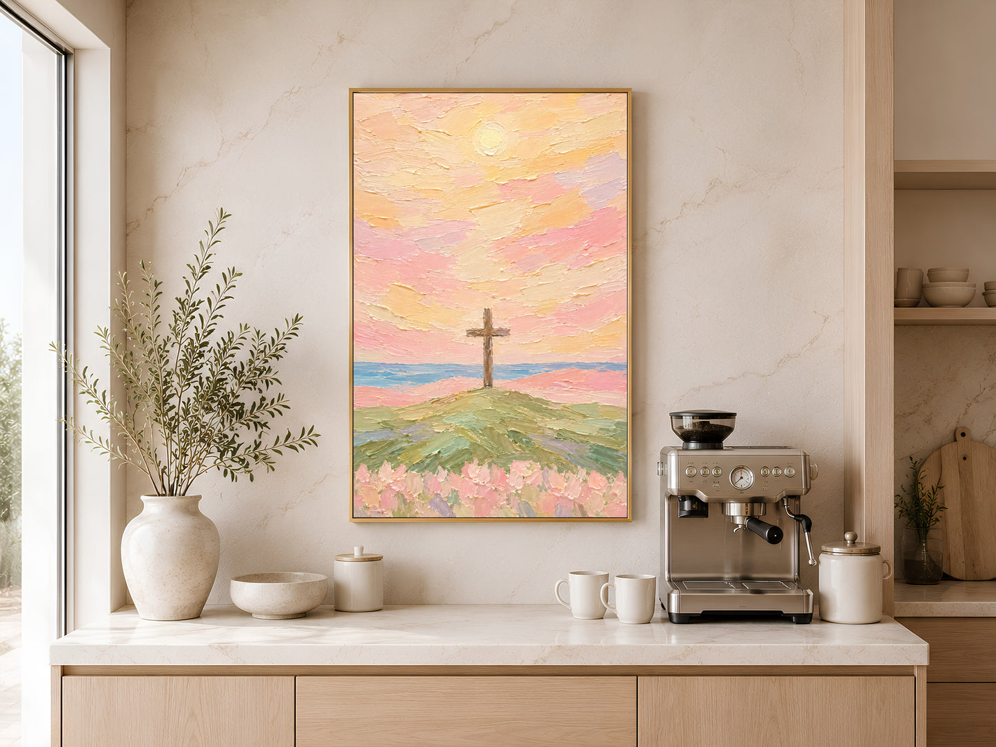 Cross on hill sunset wall art print framed above a kitchen counter with espresso machine and vases.
