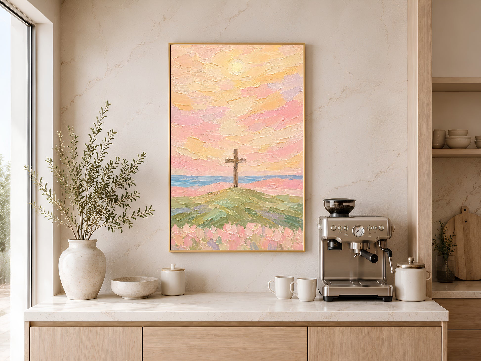 Cross on hill sunset wall art print framed above a kitchen counter with espresso machine and vases.

