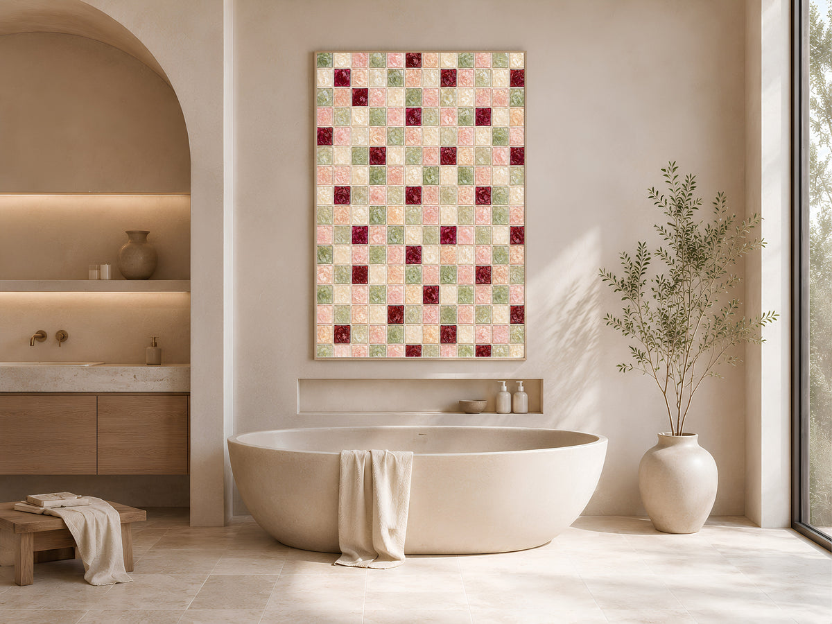 Sage green blush mosaic wall art framed above a freestanding bathtub in a warm neutral bathroom