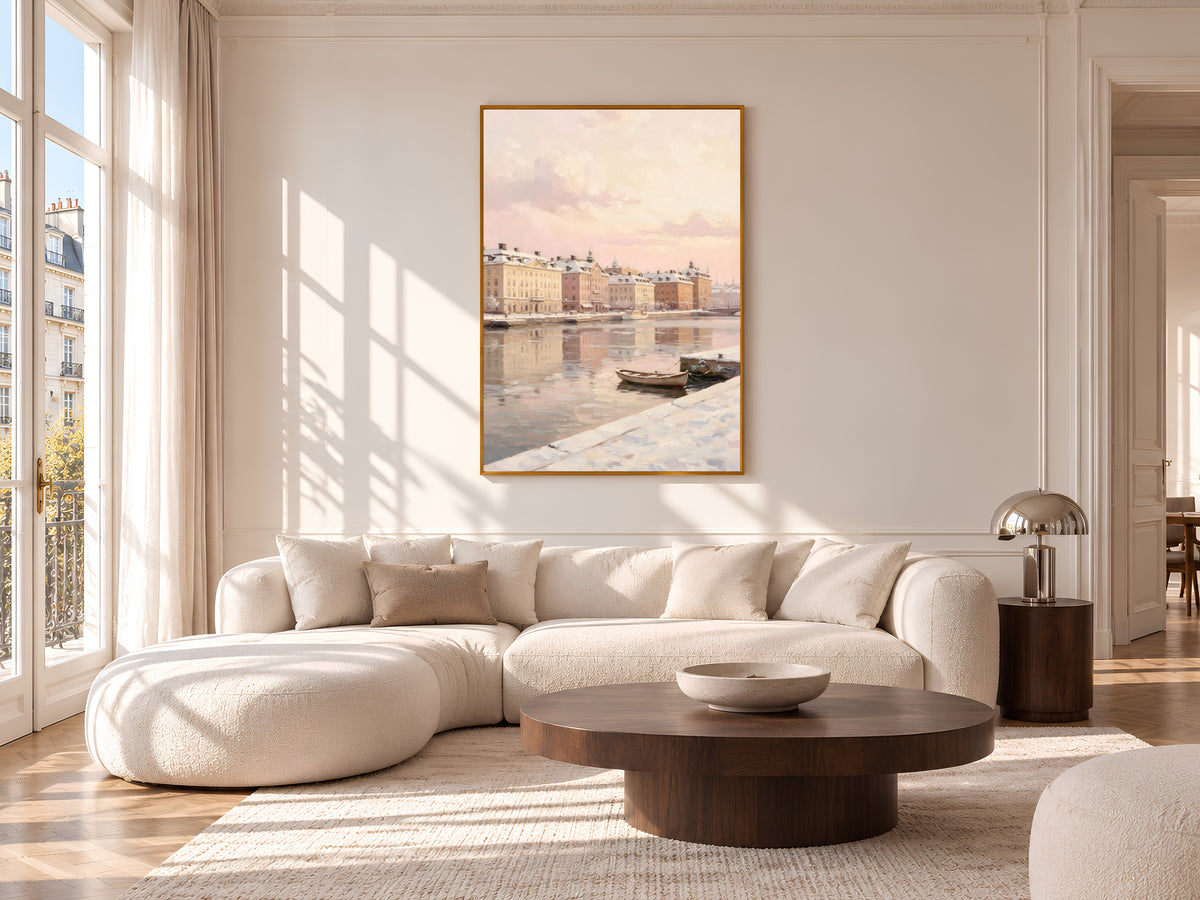 Snowy Winter City Painting Print, Pastel European Waterfront Art, Soft Pink Winter Wall Art, Printable Digital Download