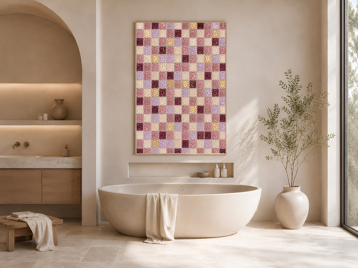 Rose lavender mosaic wall art framed above a freestanding bathtub in a warm neutral bathroom