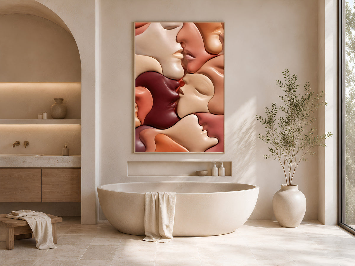 Abstract Kissing Faces Wall Art, Warm Terracotta Couple Print - Digital Download