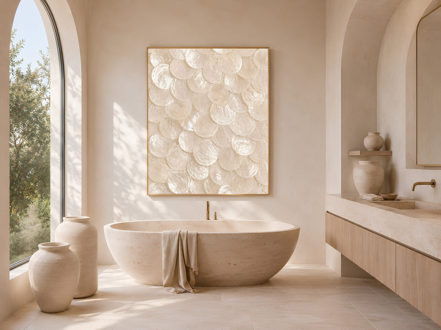 Capiz shell wall art in a gold frame above a freestanding soaking tub in a warm neutral bathroom
