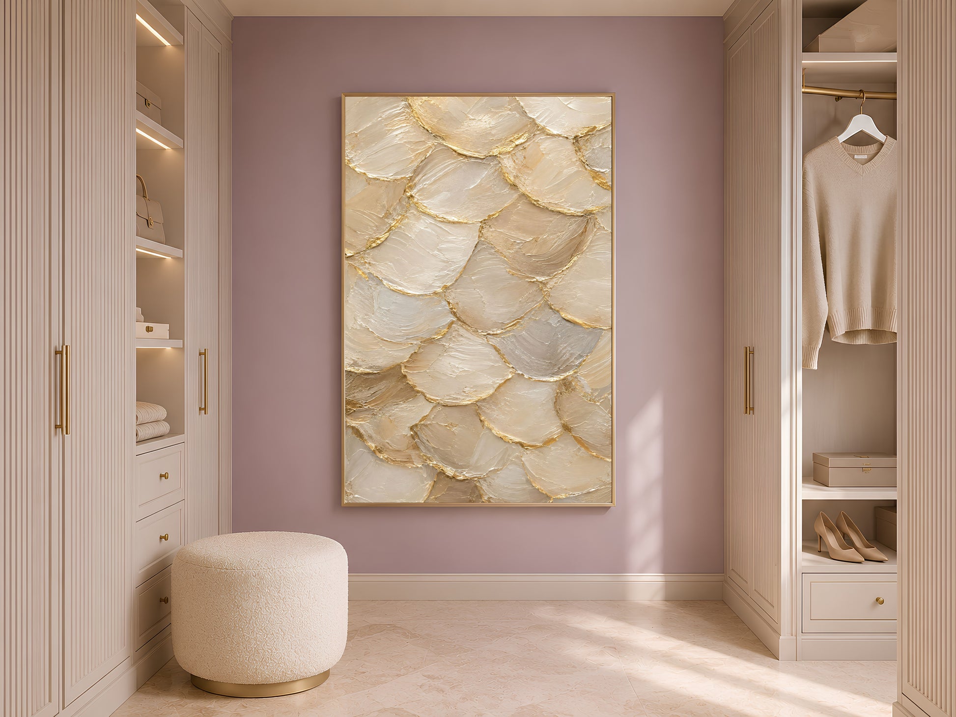 Capiz shell wall art framed in gold displayed in neutral closet with open shelving
