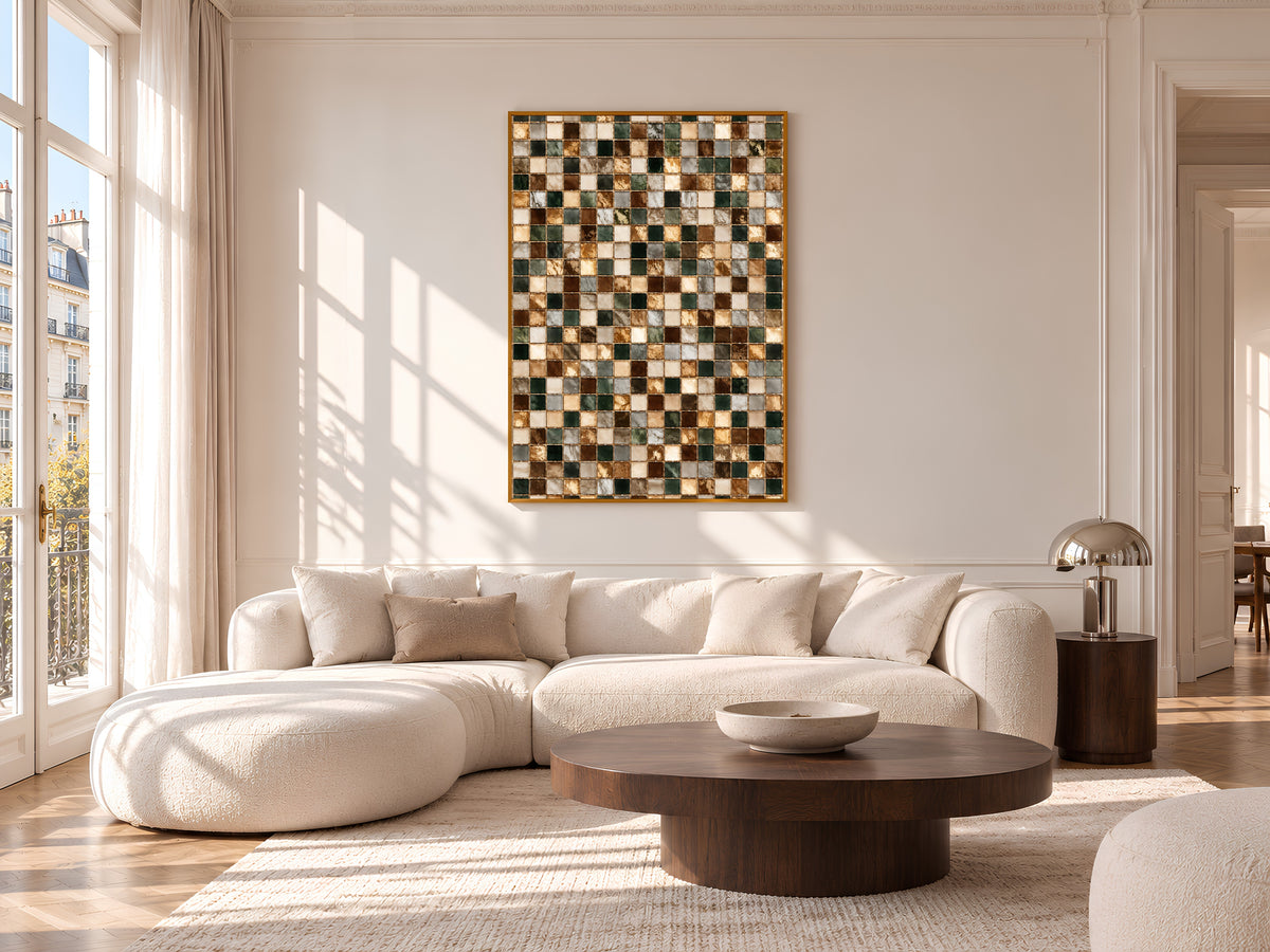 Brown and Green Mosaic Tile Wall Art Print, Earth Tone Tile Grid Painting with Gold Lines, Printable Warm Neutral Decor, Digital Download