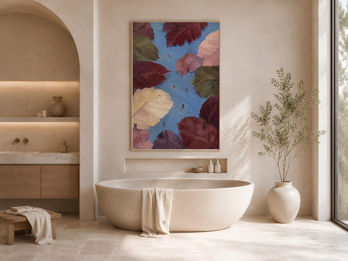 Aerial swimmer wall art framed above bathtub in neutral spa-style bathroom decor