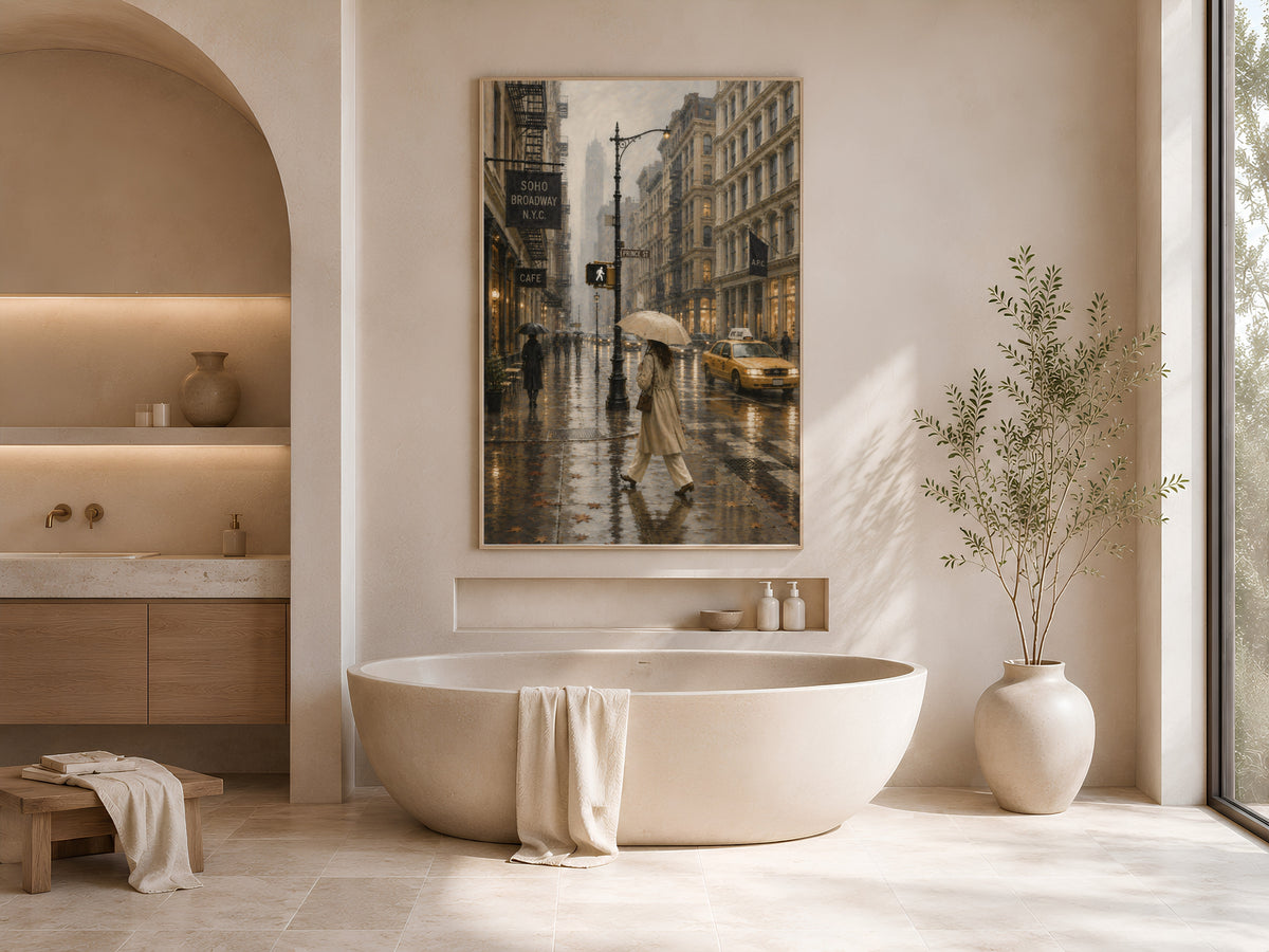 SoHo NYC wall art framed print displayed above bathtub in spa-style bathroom