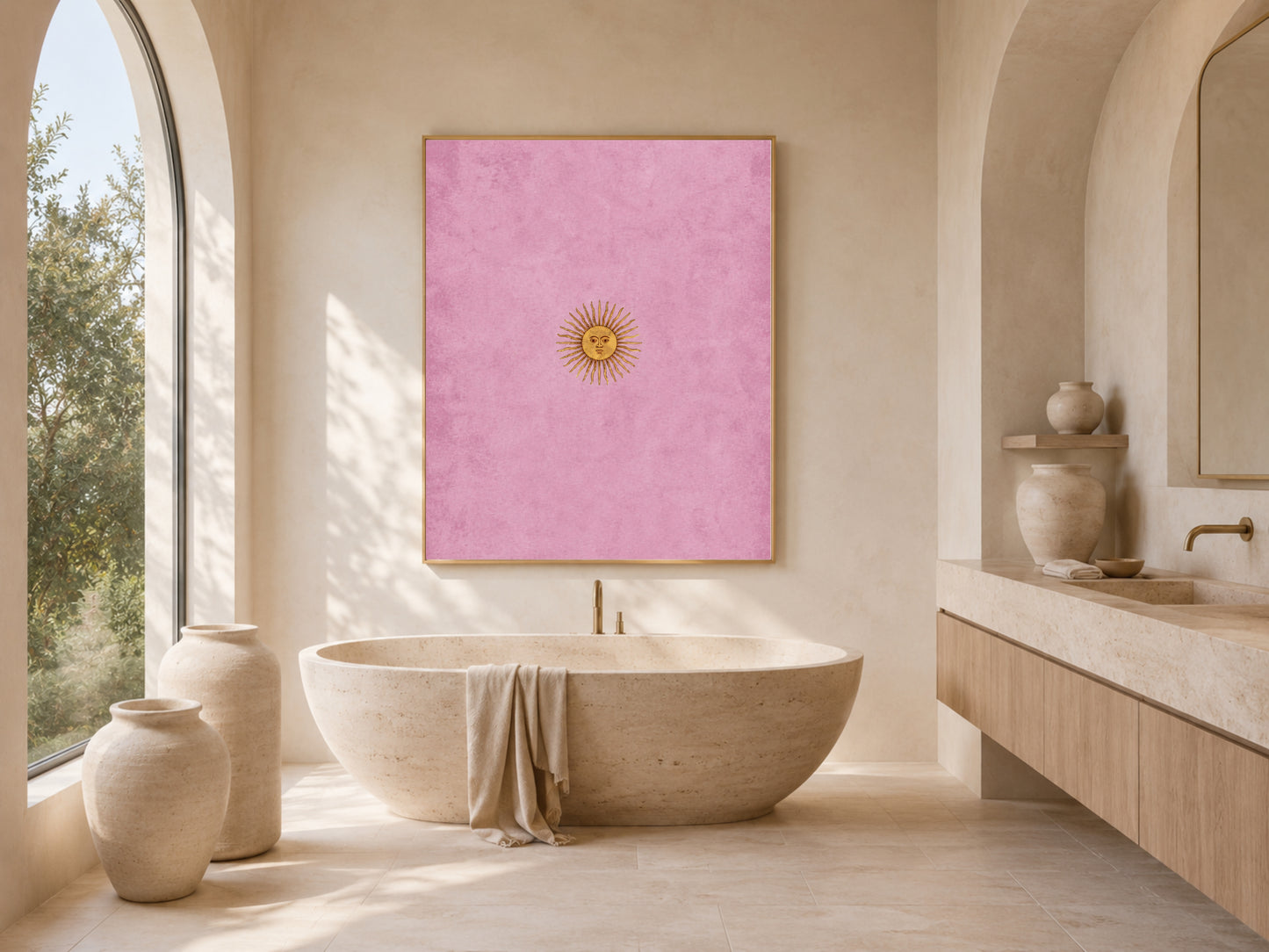 Vintage sun face wall art framed above a freestanding bathtub in a spa-style bathroom, celestial minimalist print