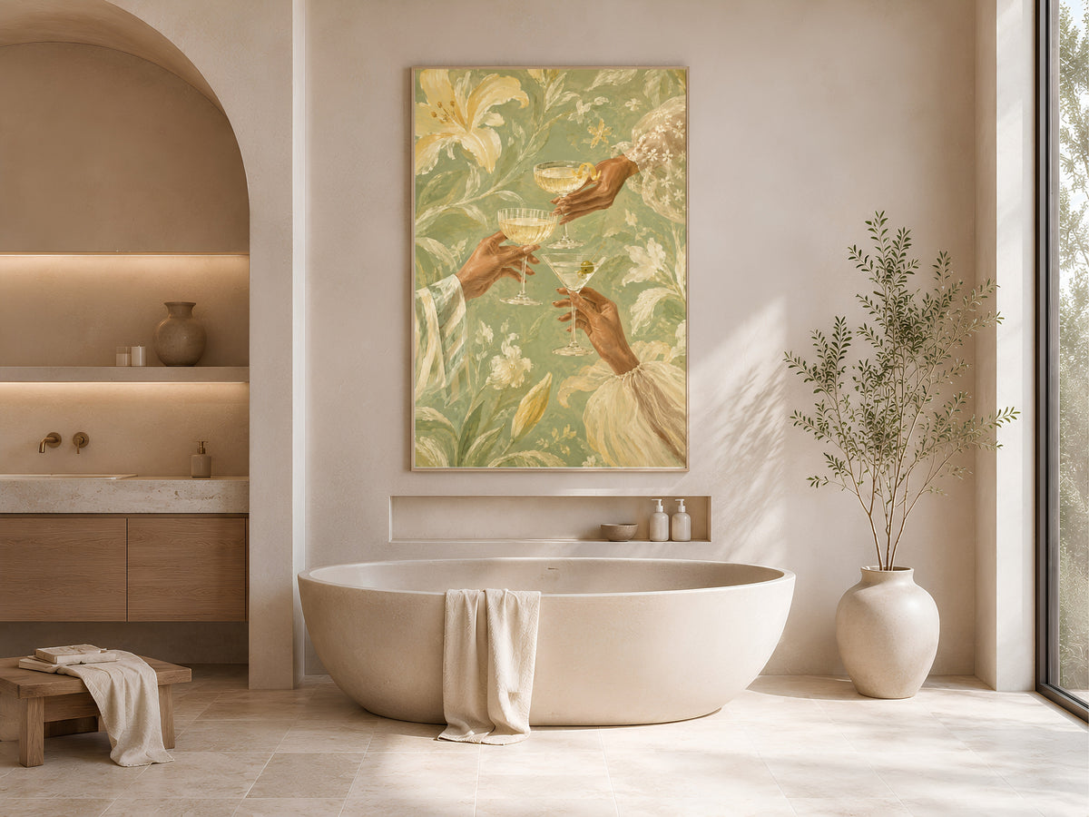 Cheers Cocktail Wall Art, Butter Yellow Floral Print - Digital Download