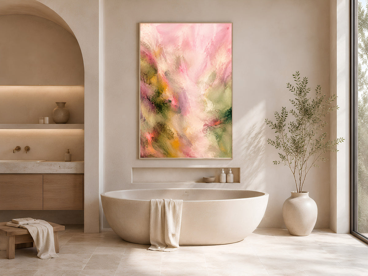 Pink Green Abstract Wall Art, Impressionist Floral Print - Digital Download
